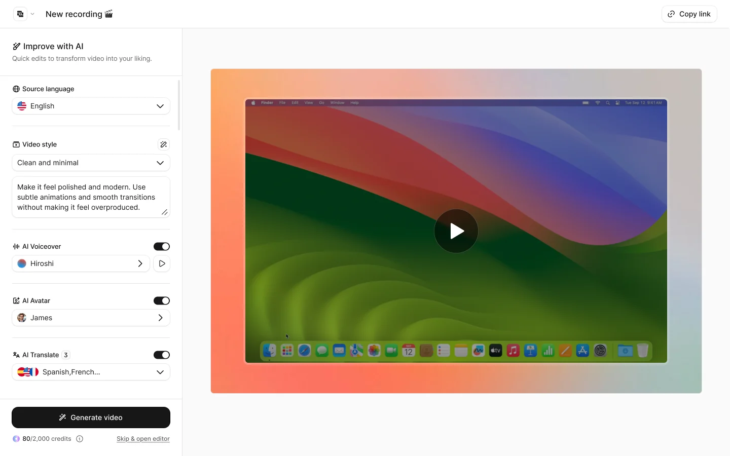 Molto Improve with AI screen with video style, voiceover, avatar and translation settings beside a recording preview