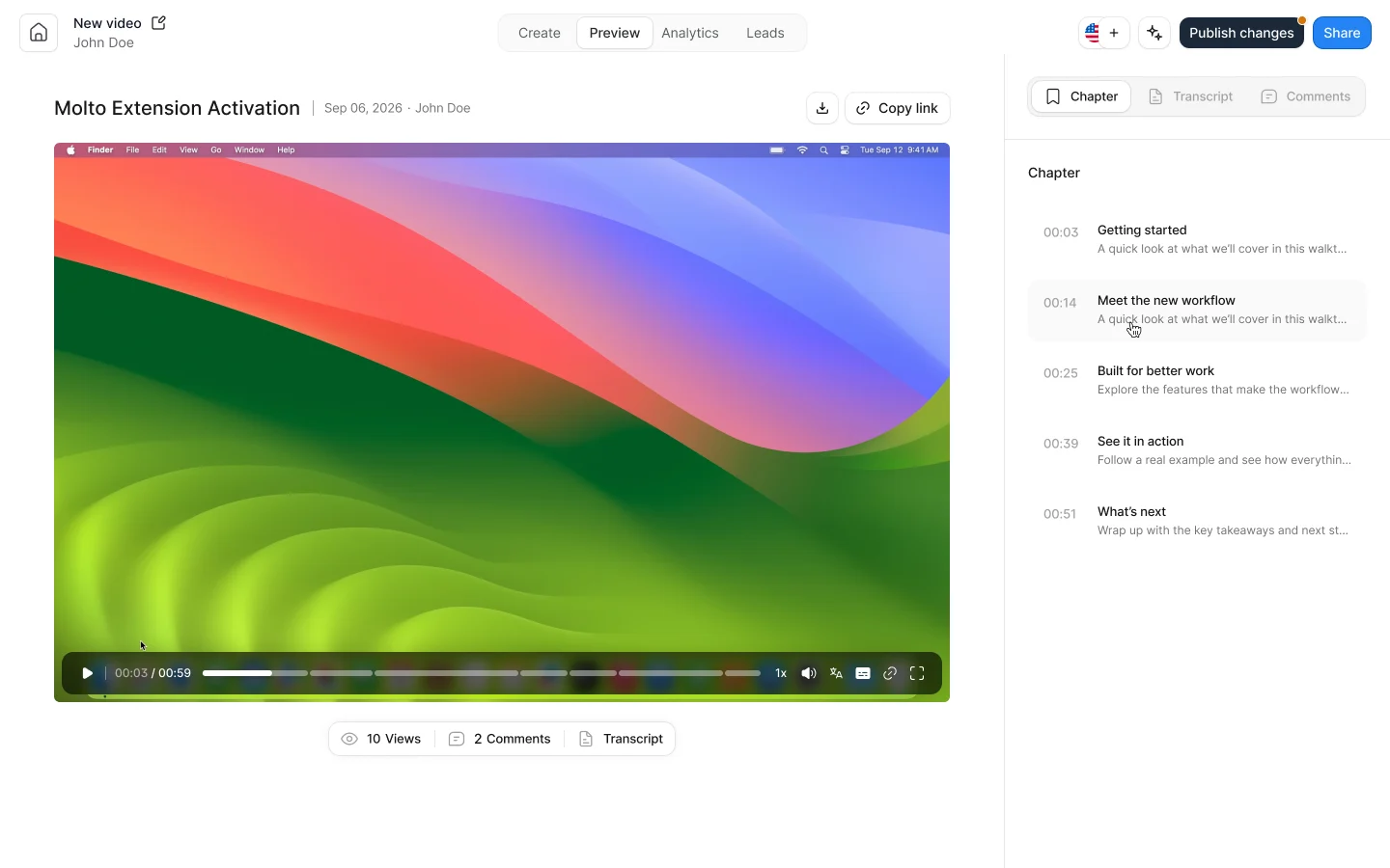 Molto video player with chapters, transcript controls and sharing options